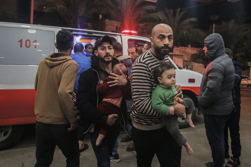 Palestinian casualties arrive for treatment following Israeli airstrikes west of the city at the Nasser hospital in Khan Younis on Friday. Photograph: Ahmad Salem/Bloomberg