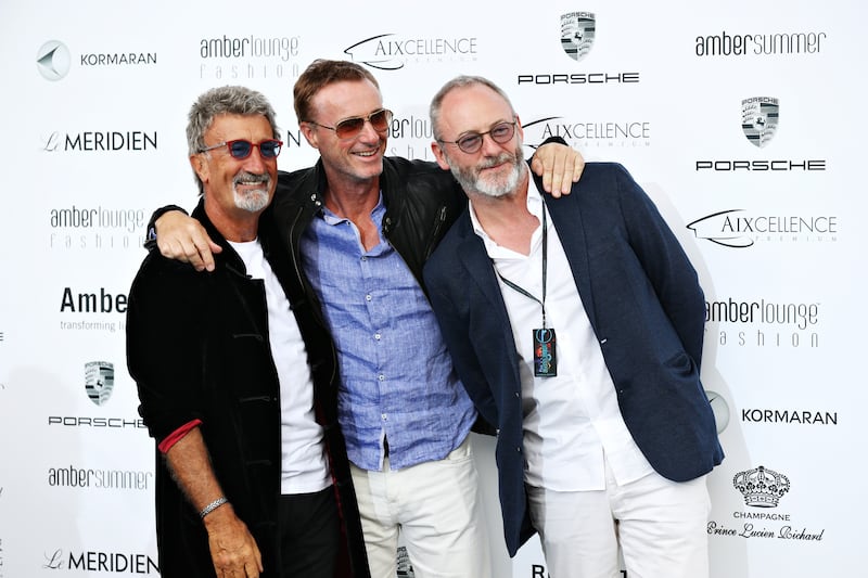 Eddie Jordan, former Jordan driver Eddie Irvine and actor Liam Cunningham at the Amber Lounge fashion show ahead of the 2016 Monaco GP. Photograph: Mark Thompson/Getty Images