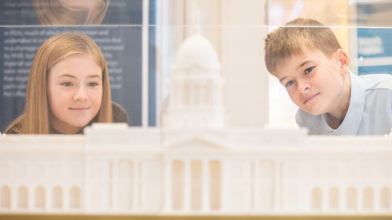 Aoife Deery (11) and her brother, Jack (14), at the launch of the visitor experience exploring the building, burning and restoration of Dublin’s Custom House. Photograph: Naoise Culhane