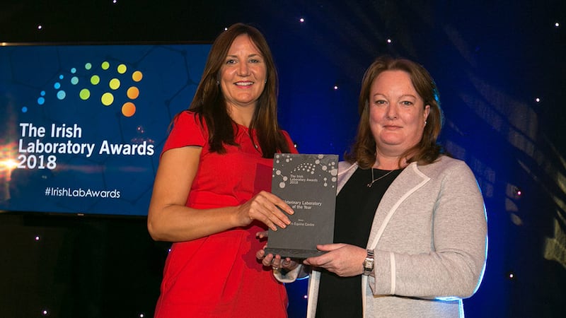 Dr. Janice Murtagh, Associate Director Medical Affairs, MSD Human Health presents the Veterinary Laboratory of the Year award to Sarah McNicholas and Prof. Tom Buckley, Irish Equine Centre.