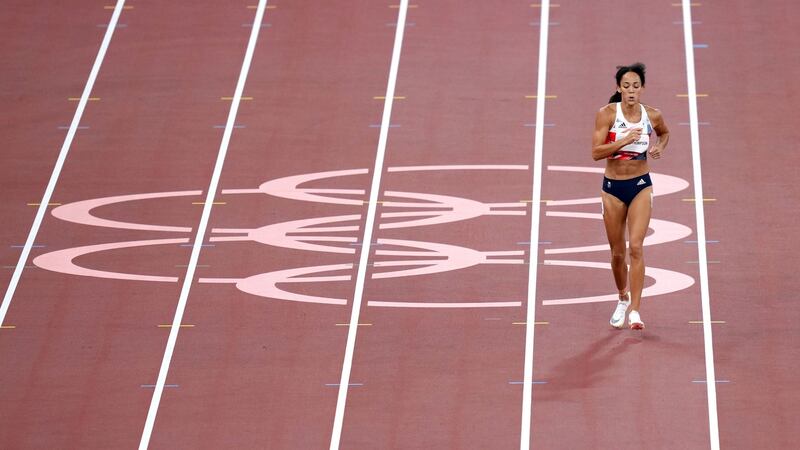 Britain’s Katarina Johnson-Thompson completes the 200m segment of the heptathlon after pulling up with injured. Photograph: Joe Giddens/PA