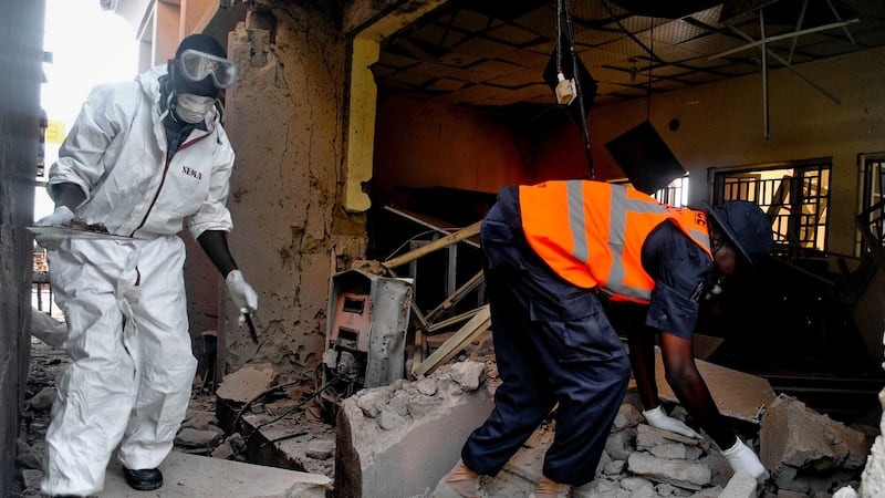 Emergency personnel  work after an explosion at the campus of Maiduguri University  on June 26th, 2017.  Several  people were killed in a string of suicide attacks in Maiduguri,  in Nigeria’s restive northeast.  Photograph: Stringer/AFP/Getty Images