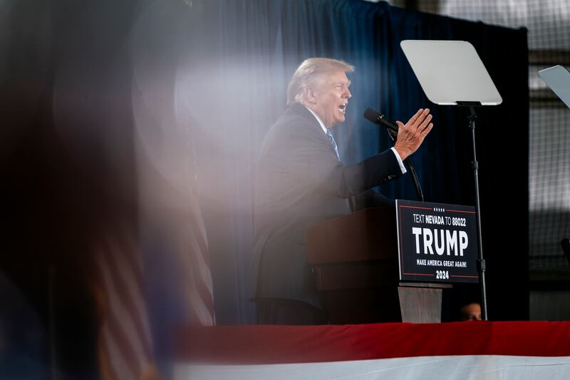 
 Former US president Donald Trump speaks during a campaign event in Las Vegas last month. The supreme court is considering whether  Trump is barred from appearing on Colorado’s primary ballot. Photograph: Jordan Gale/New York Times
                      