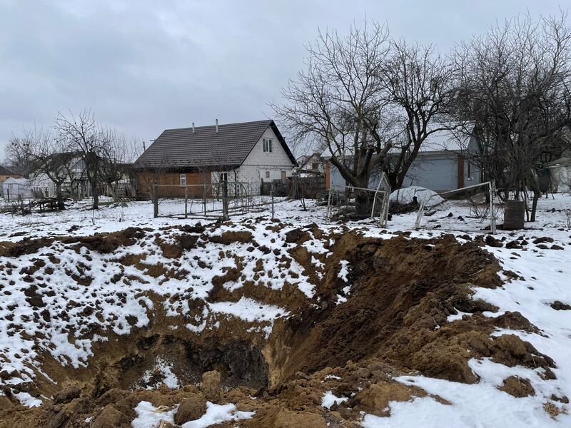 The crater from a Russian missile that hit Kopyliv, a neighbouring village of Motyzhyn, outside Kyiv on January 14th. Photograph: Daniel McLaughlin