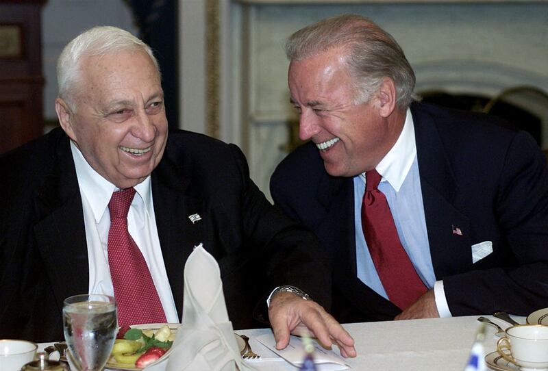 Former Israeli prime minister Ariel Sharon with Joe Biden at Capitol Hill in 2002. Photograph: Stephen Jaffe/AFP via Getty Images