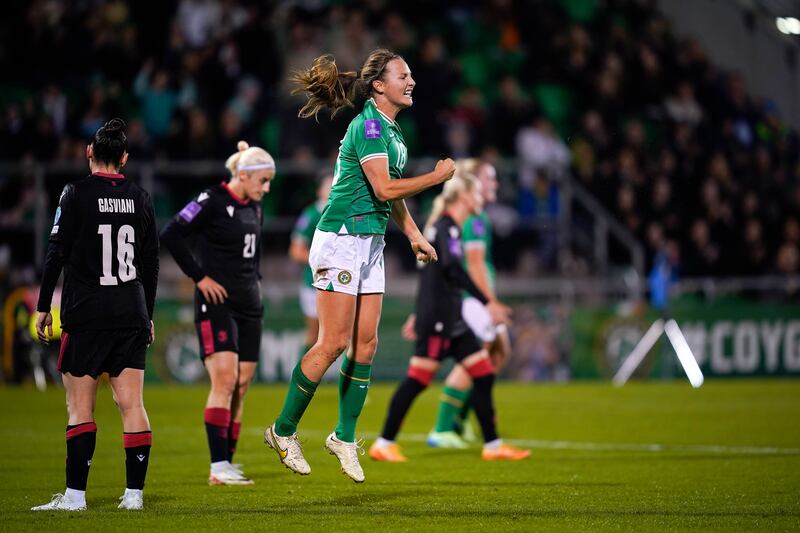 Republic of Ireland's Kyra Carusa celebrates scoring. Photograph: Niall Carson/PA