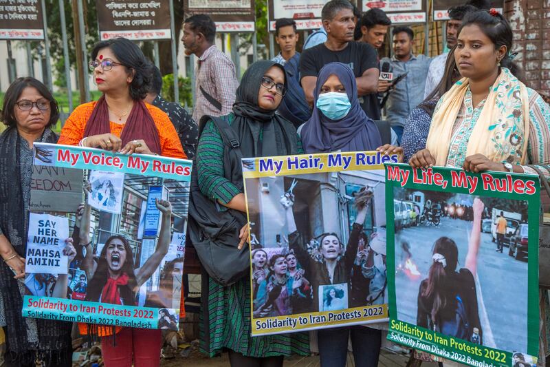 Bangladeshi social activists take part in a demonstration in solidarity with Iranian women's protests following the death of Mahsa Amini, in Dhaka, Bangladesh this month. Photograph: Monirul Alam/EPA