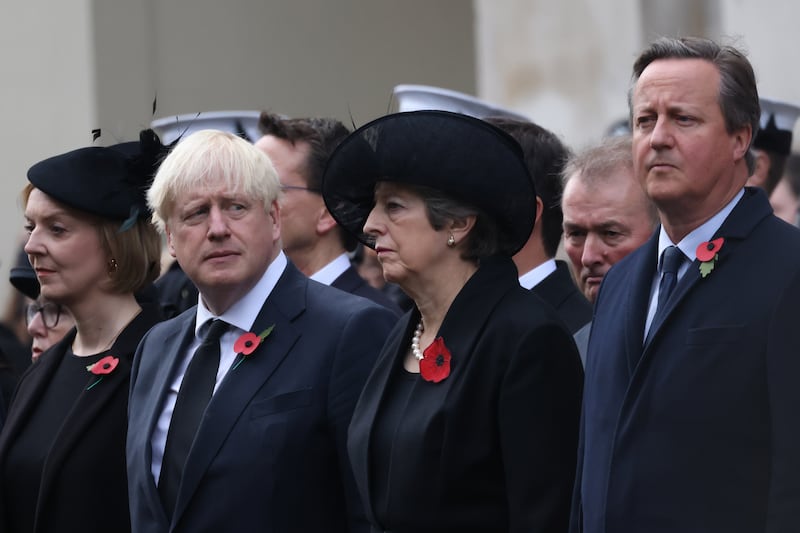 Former UK prime ministers Liz Truss, Boris Johnson, Theresa May and David Cameron at The Cenotaph in London, November 2022. Photograph: Hollie Adams/Getty