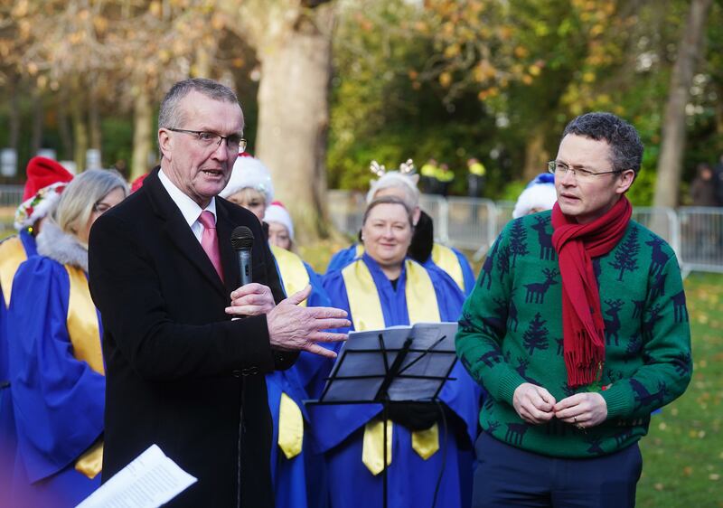 Minister of State with responsibility for the Office of Public Works Patrick O'Donovan (right) and the IFA president Tim Cullinan at the official opening of the crib in St Stephens' Green on Thursday. Photograph: Brian Lawless/PA