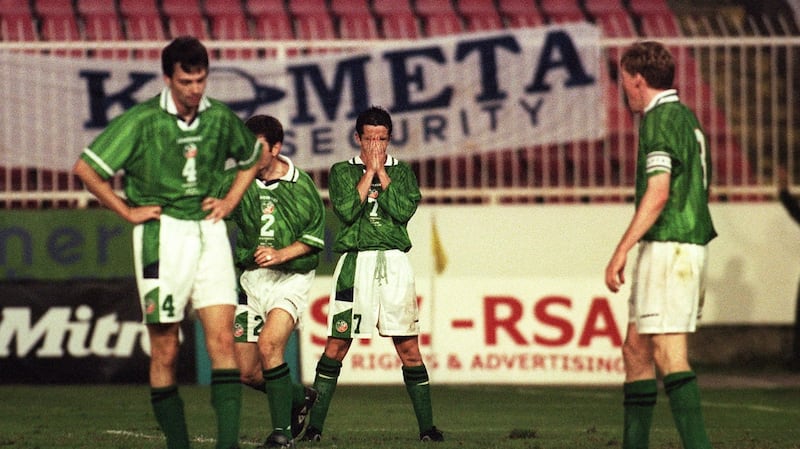 1999: Gary Breen, Denis Irwin, Gary Kelly and Steve Staunton look on in disgust in Macedonia. Photograph: Lorraine O’Sullivan/Inpho