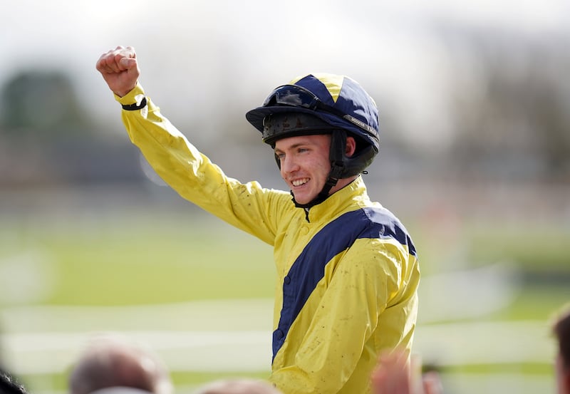 Michael O'Sullivan celebrates winning the Supreme Novices' Hurdle with Marine Nationale at the Cheltenham Festival. Photograph: Andrew Matthews/PA