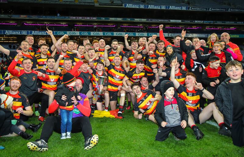 Cullyhanna celebrate with the trophy following their AIB All-Ireland IFC victory over Cork's Cill na Martra at Croke Park. Photograph: Ryan Byrne/Inpho