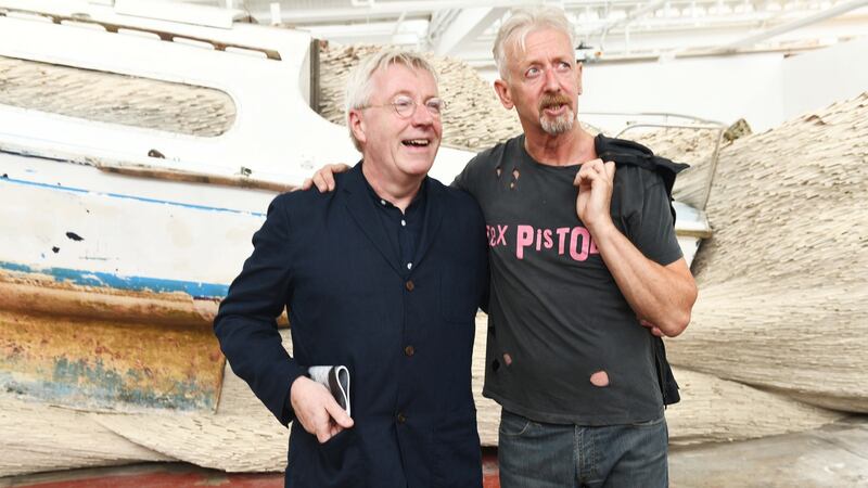 Artists Hughie O Donoghue and David Mach at the opening, David’s Rock’n’Roll exhibition and the GIAF Festival Gallery. Photograph: Andrew Downes/XPOSURE