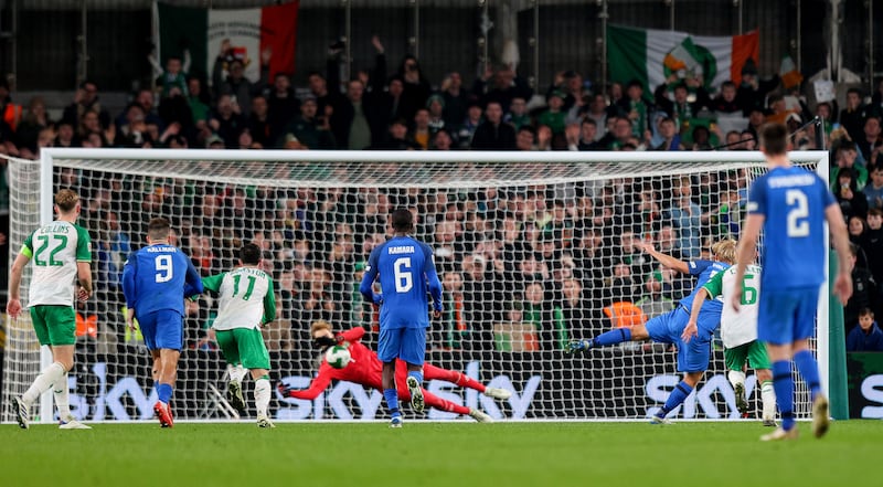 Ireland’s Caoimhín Kelleher saves a penalty from Finland's Joel Pohjanpalo at the Aviva Stadium. Photograph: Ryan Byrne/Inpho 