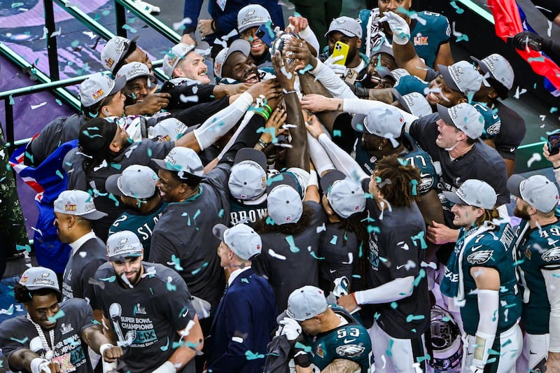 The Philadelphia Eagles celebrate with the Vince Lombardi Trophy following their Super Bowl LIX victory over the Kansas City Chiefs at the Caesars Superdome, New Orleans. Photograph: PA Wire