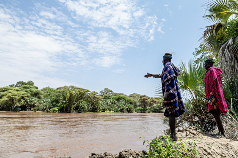 Surveying the Turkwel River where locals have desilted a canal resulting in a flow of water from the river to their land. Photograph: Natalia Jidovanu/Concern Worldwide