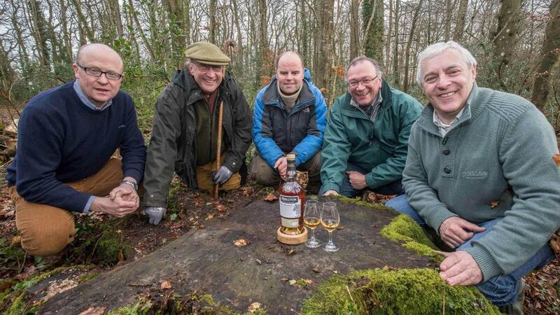 Left to right: Kevin O'Gorman, master of maturation; Michael Gabbett, forest owner; Patrick Purser, forestry consultant; Billy Leighton, master blender; 
Ger Buckley, master cooper