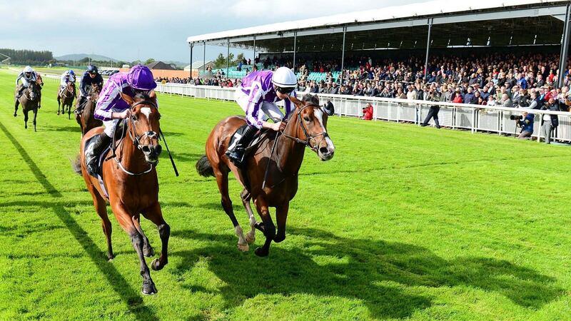 Happily and Donnacha O’Brien (R) pip Magical and Ryan Moore at the Curragh. Photograph: PA