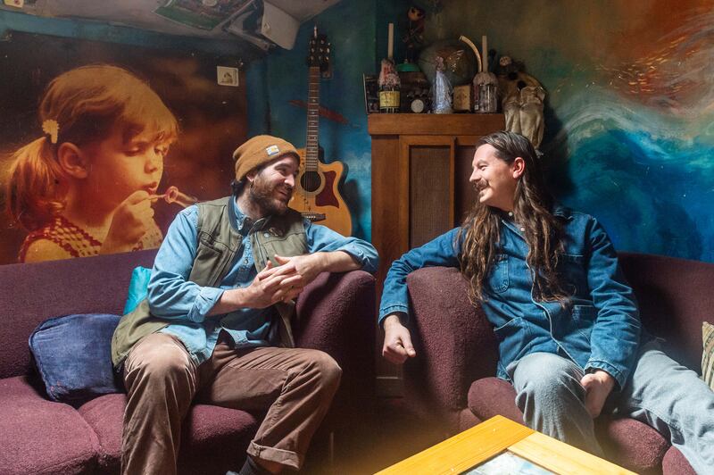 Friends Tadhg Walsh-Peelo and Sam McNicholl inside Sam's pub Connolly's of Leap in west Cork. Photograph: Andy Gibson