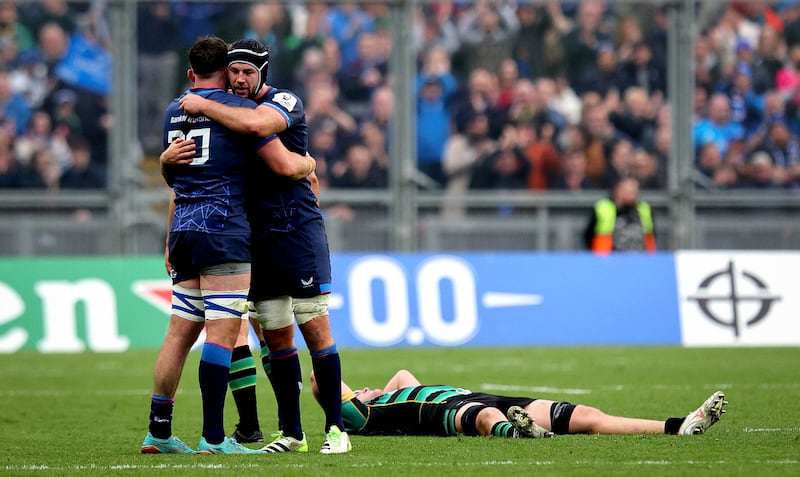 Leinster’s Caelan Doris and Jack Conan celebrate beating the Northampton Saints in the Champions Cup final in Croke Park on May 4th, 2024. Photograph: Ryan Byrne/Inpho