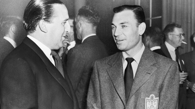 Irish Walker Cup player Max McCready talks to US Ryder Cup captain Ben Hogan at a reception in a London hotel. Photo: Getty Images