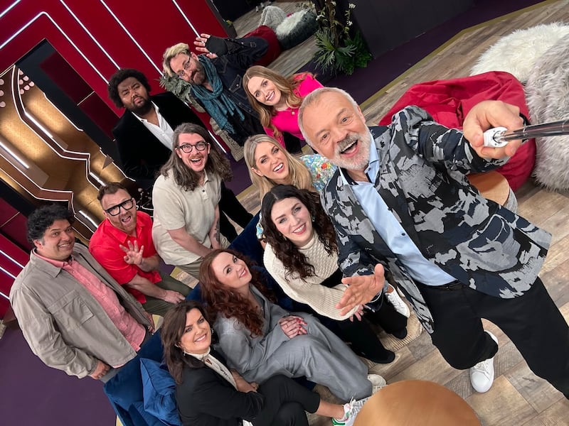 The cast of LOL: Last One Laughing Ireland features (back row) Martin Angolo, David McSavage, (middle row) Paul Tylak, Jason Byrne, Tony Cantwell, Emma Doran, (front row) Deirdre O’Kane, Catherine Bohart, Aisling Bea, Amy Huberman and host Graham Norton. Photograph: Kite Entertainment/Prime Video