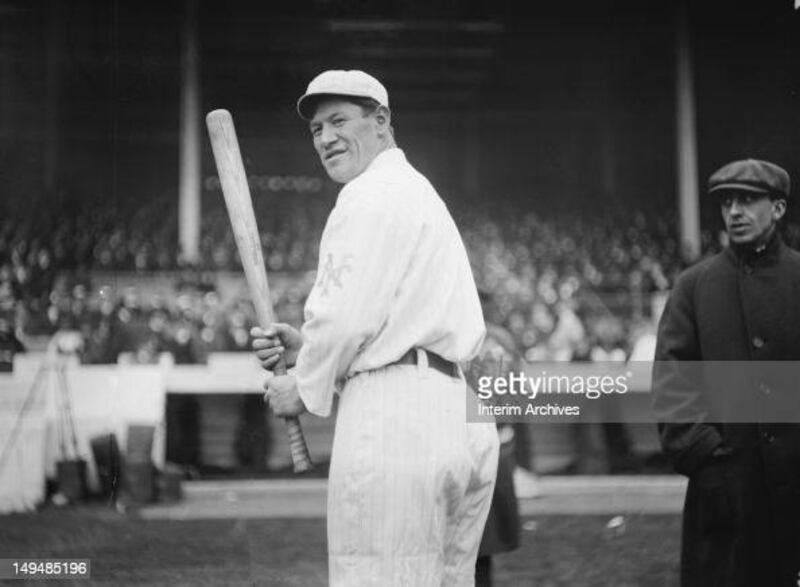 American multi-sport athlete and Olympic gold medalist Jim Thorpe (1888 - 1953), here of the New York Giants baseball team, waits for a pitch during a game at the Polo Grounds, New York, New York, 1913. Photograph: Bain News Service/Interim Archives/Getty Images