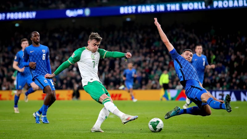 Ireland's Sammie Szmodics shoots on goal  during a Nations League clash against Finland at the Aviva Stadium. Photograph:  ©INPHO/Ryan Byrne