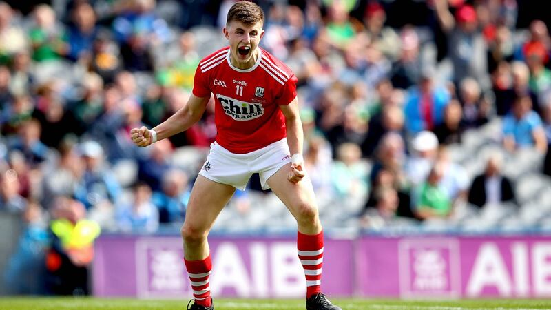 Cork’s Conor Corbett celebrates scoring their second goal of the game to force extra-time. Photograph: Ryan Byrne/Inpho