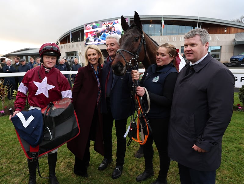 Jockey Sam Ewing, owners Anita and Michael O'Leary, and trainer Gordon Elliott (right) after Brighterdaysahead's win in the Neville Hotels Hurdle. Photograph: Damien Eagers/PA