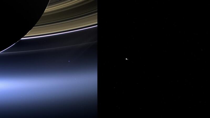 These images show views of Earth and the moon from NASA’s Cassini (left) and Messenger spacecraft (right) from July 19th, 2013. Photograph: NASA/JPL-Caltech/Space Science Institute and NASA/Johns Hopkins University Applied Physics Laboratory/Carnegie Institution of Washington