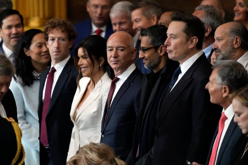 Guests including Meta chief Mark Zuckerberg, Jeff Bezos (of Amazon), Sundar Pichai (of Google) and Elon Musk at Monday's inauguration. Photograph: Julia Demaree Nikhinson/Pool/AP