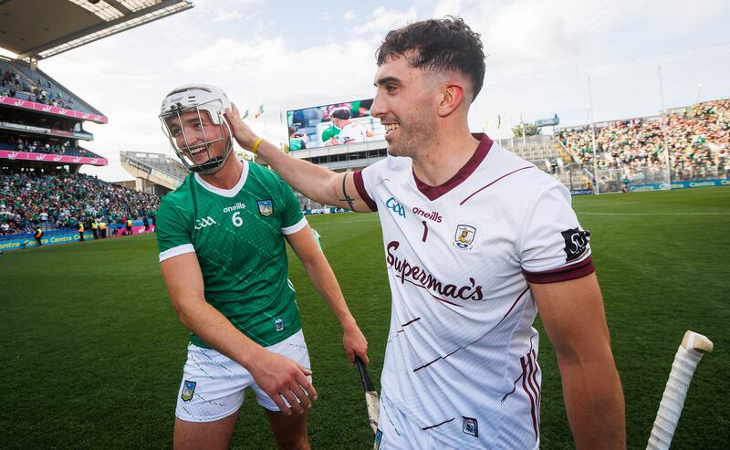 Limerick’s Kyle Hayes and Aaron Gillane after their All-Ireland semi-final win over Galway. Photograph: Ryan Byrne/Inpho