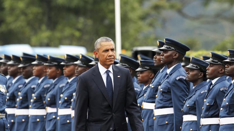 US president Barack Obama reviews a Kenya Defence Forces honour guard during a visit to the State House in Kenya’s capital Nairobi on Saturday. Photograph: Reuters