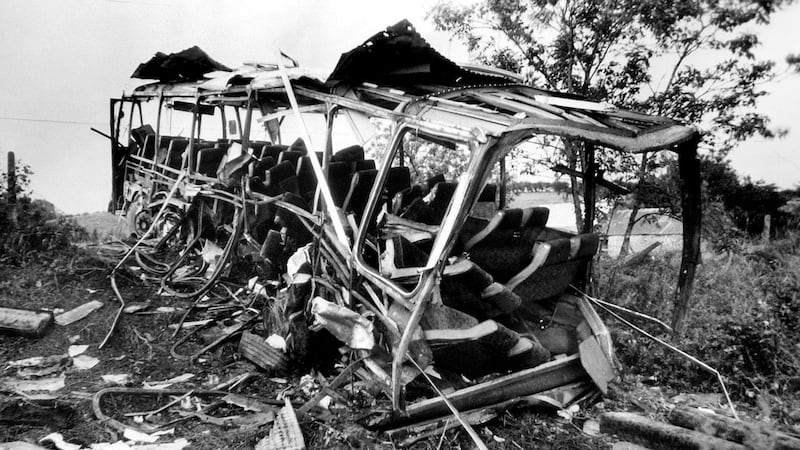 The scene of the IRA’s Ballygawley bus bombing on the main road into Omagh, Co Tyrone, in which eight British soldiers died. Photograph: Alan Lewis/Photopress Belfast