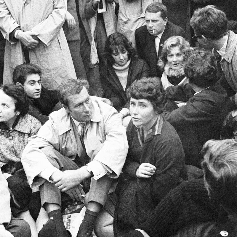 Political activists: Doris Lessing (front right) with playwright John Osborne and, behind her, playwright Shelagh Delaney, jazz singer George Melly and actor Vanessa Redgrave at a Ban the Bomb demonstration in Trafalgar Square, London, 1961. Photograph: Daily Herald/Mirrorpix/Getty