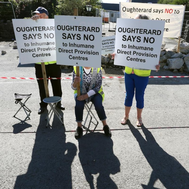 Direct-provision protest: demonstrators outside the Connemara Gateway Hotel. Photograph: Joe O’Shaughnessy