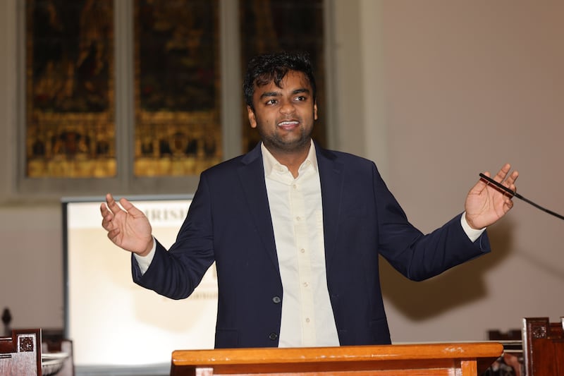 Rehan Haneef from TCD Hist at the Irish Times Debate semi-final at Rathgar Methodist Church. Photograph: Alan Betson 
