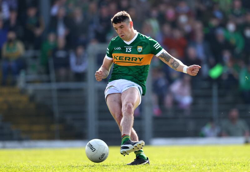 Tony Brosnan scores a penalty against Tyrone in the 2022 league:   2023 was shaping up as his best ever season in the Kerry jersey. Photograph: Inpho/Bryan Keane