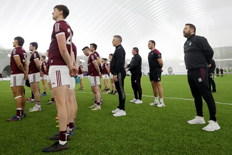 Galway’s manager Padraic Joyce and coach Cian O’Neill with the team in the Connacht Air Dome back in January. Photograph: James Crombie/Inpho