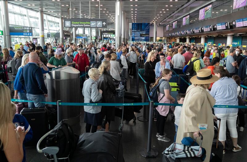 The check-in area at Dublin Airport in late June as Aer Lingus announced flight cancellations because of  staff shortages due to a Covid-19 surge.. Photograph: Colin Keegan/Collins Dublin