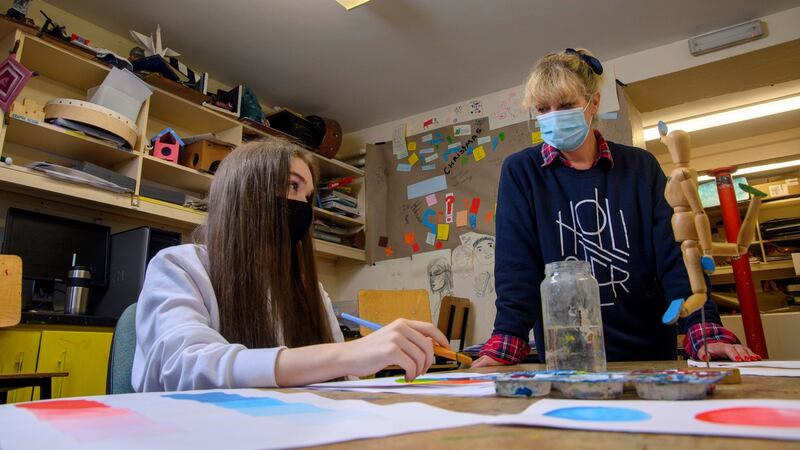 Teacher Freda Kearney with student Ellie Tague at the Cork Life Centre. Photograph: Daragh Mc Sweeney/Provision