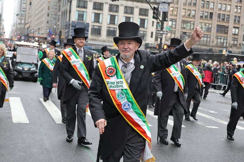 Parade grand marshal Michael Benn attends the New York City St. Patrick's Day parade.
Photograph: Theo Wargo/Getty Images