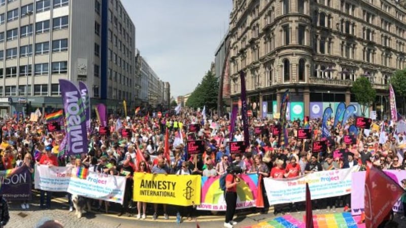 Protesters call for marriage equality in Northern Ireland, at a rally in Belfast. Photograph: Amanda Ferguson