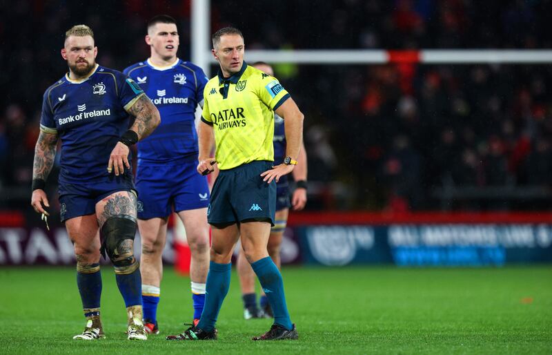 Leinster's Andrew Porter with referee Andrew Porter. Porter is being singled out at Test and club level and there’s definitely an element of giving someone a bad name here. Photograph: Ryan Byrne/Inpho 