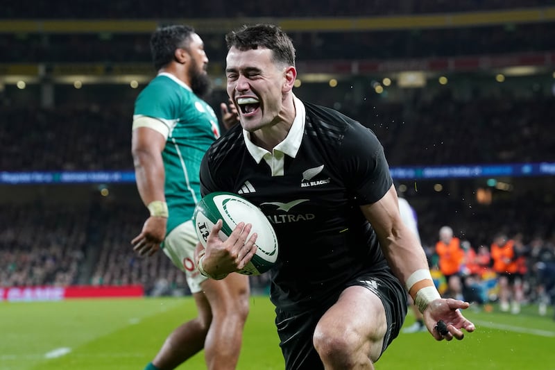 New Zealand's Will Jordan celebrates scoring a try against Ireland at the Aviva Stadium. Photograph: Brian Lawless/PA Wire


