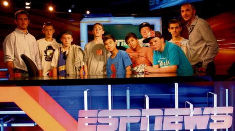 Members of the Bulldogs in the ESPN headquarters in Bristol, Connecticut. From left: Reynolds; players Joe, Sam, Aidan, Jay, Jarius and Liam; and West Belfast documentary maker and basketball enthusiast Marc Mulholland. - (Photographs: ESPN)