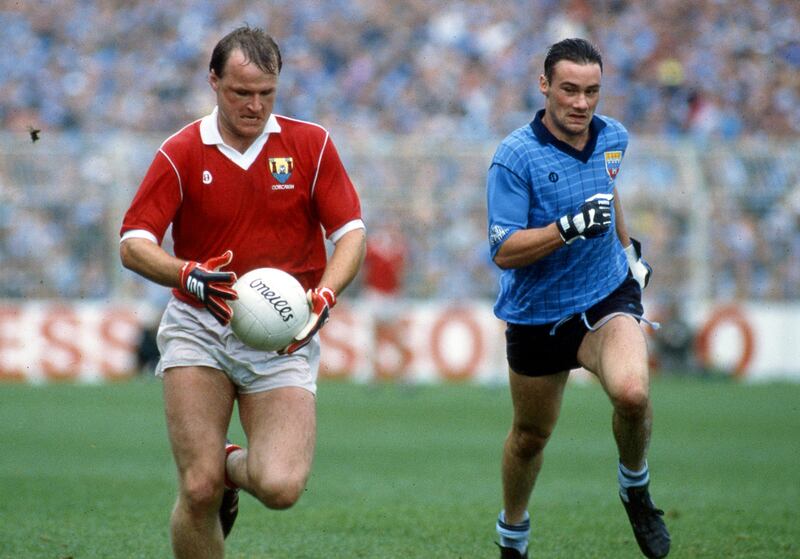 Teddy McCarthy of Cork and Dublin's Paul Curran in the All-Ireland football semi-final in 1989. Photograph: Inpho