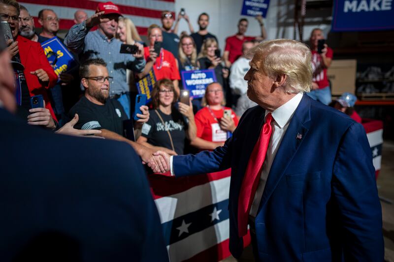 Donald Trump speaks to autoworkers in Clinton Township, Michigan, on September 27th last. Photograph: Doug Mills/New York Times
                      