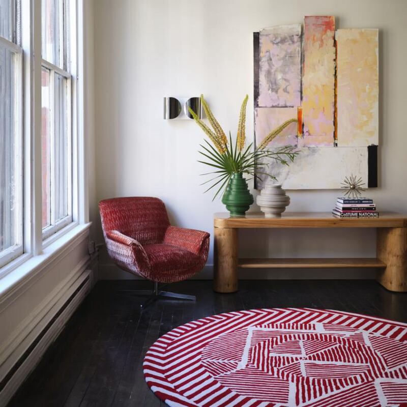 Malin entrance on the third floor: solid oak doors, rug by Katie Ann McGuigan, Pop chair by Orior. Photograph: Thomas Loof